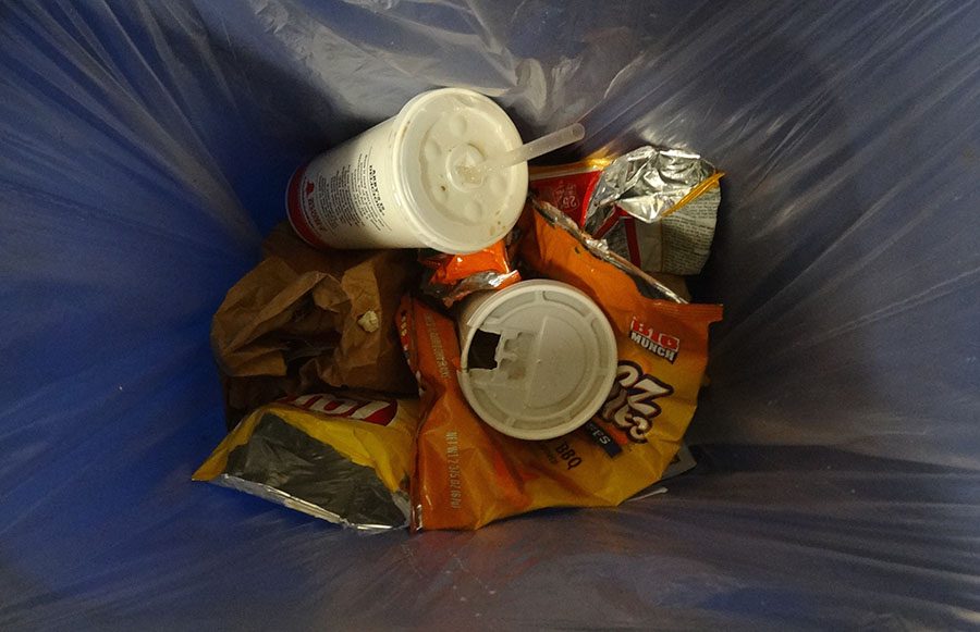 Throughout the hallways of Francis Lewis, numerous recycling and trash bins are placed for students’ convenience. 
