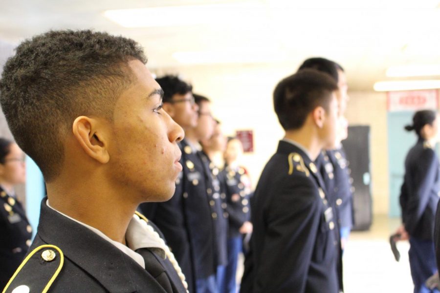 JROTC students line up for Wednesday inspections. 