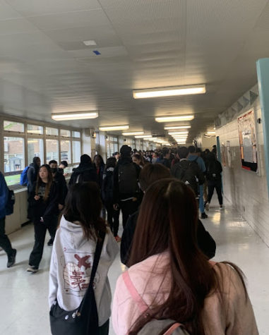 The crowded hallway in the strip.