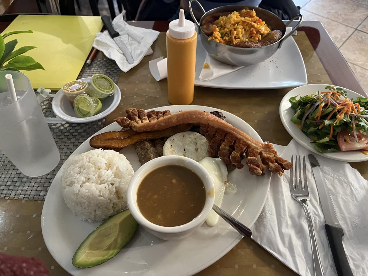 Our main dishes consisted of Bandeja Paisa (center) and arroz con pollo (top) coupled with a side salad (right).