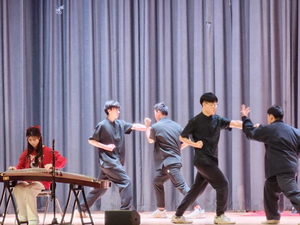 Chinese language students playing music instrument “Guzheng” and perform Chinese martial arts of “lunge punch” and “lunge block” 
